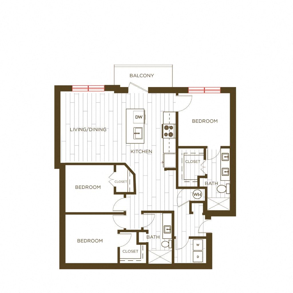 Floor plan for 3 beds, 2 baths, 1406 sqft